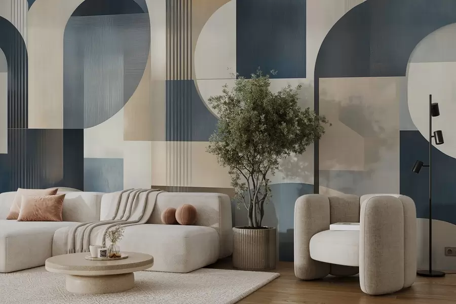 Valokuvatapetti Art Deco tapetti, jossa on geometrinen kuvio sinisen, beigen ja maitomaisen sävyissä w02346