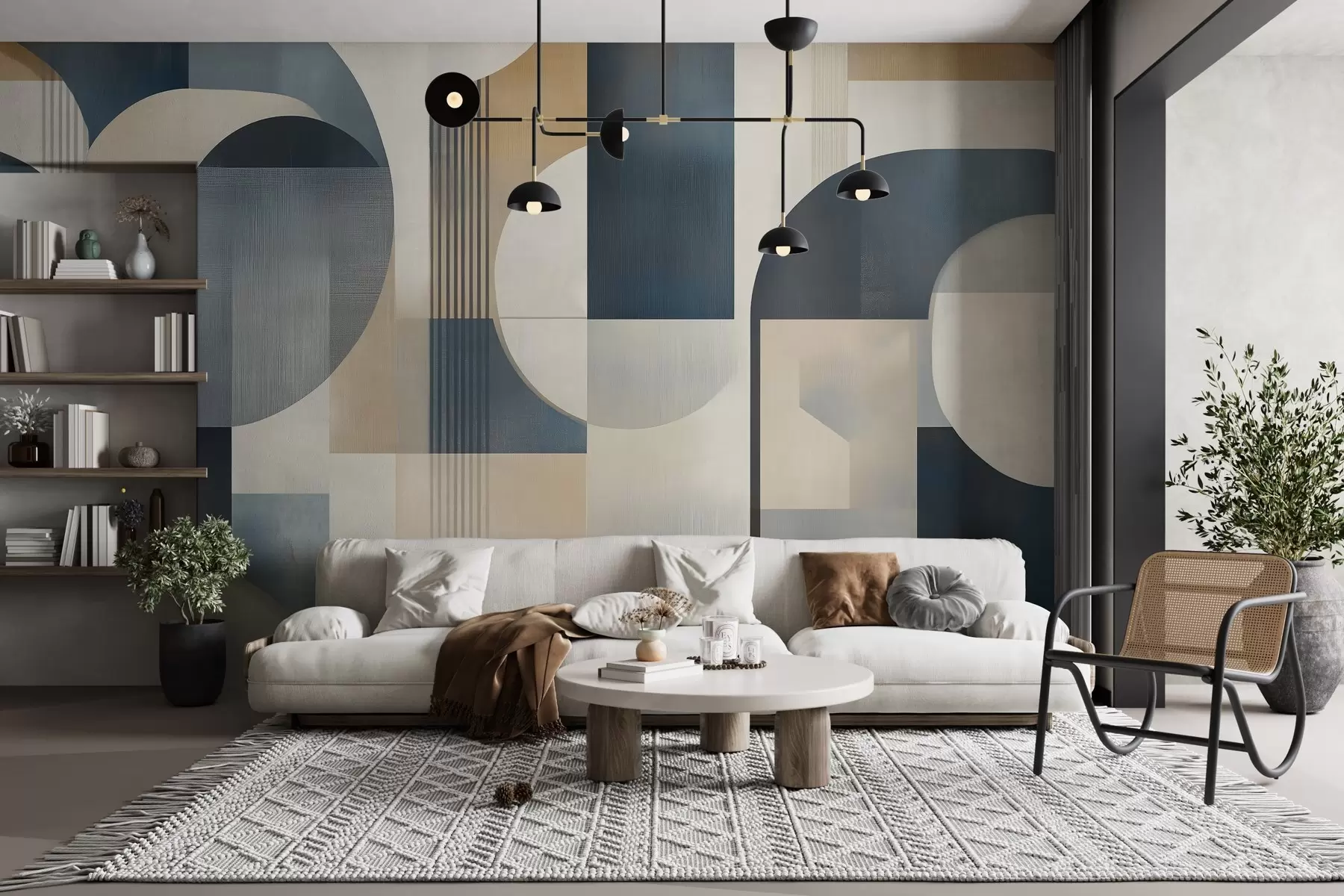 Valokuvatapetti Art Deco tapetti, jossa on geometrinen kuvio sinisen, beigen ja maitomaisen sävyissä w02346