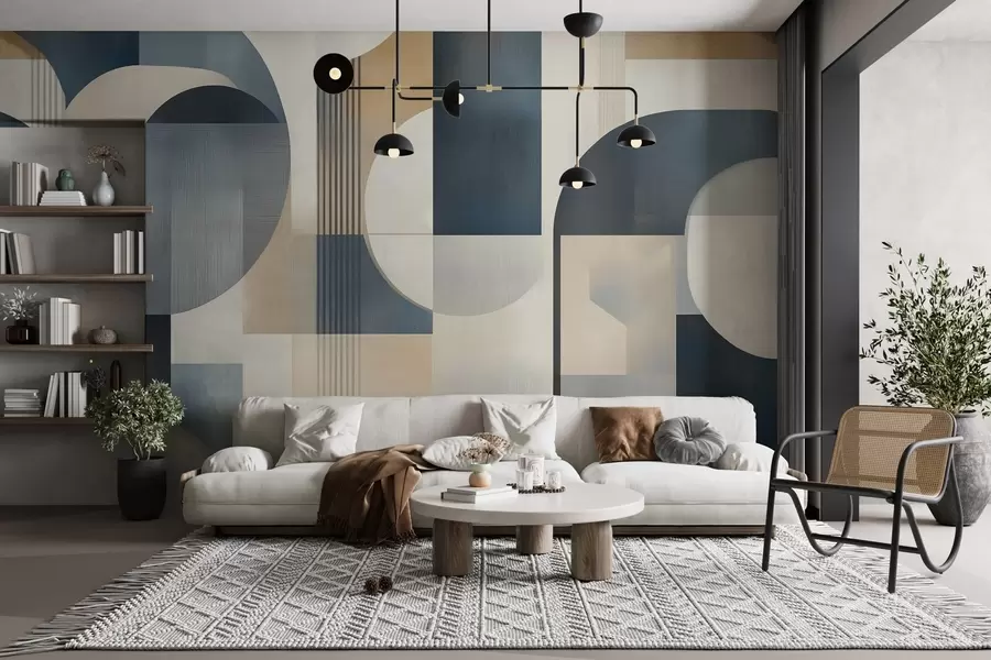 Valokuvatapetti Art Deco tapetti, jossa on geometrinen kuvio sinisen, beigen ja maitomaisen sävyissä w02346