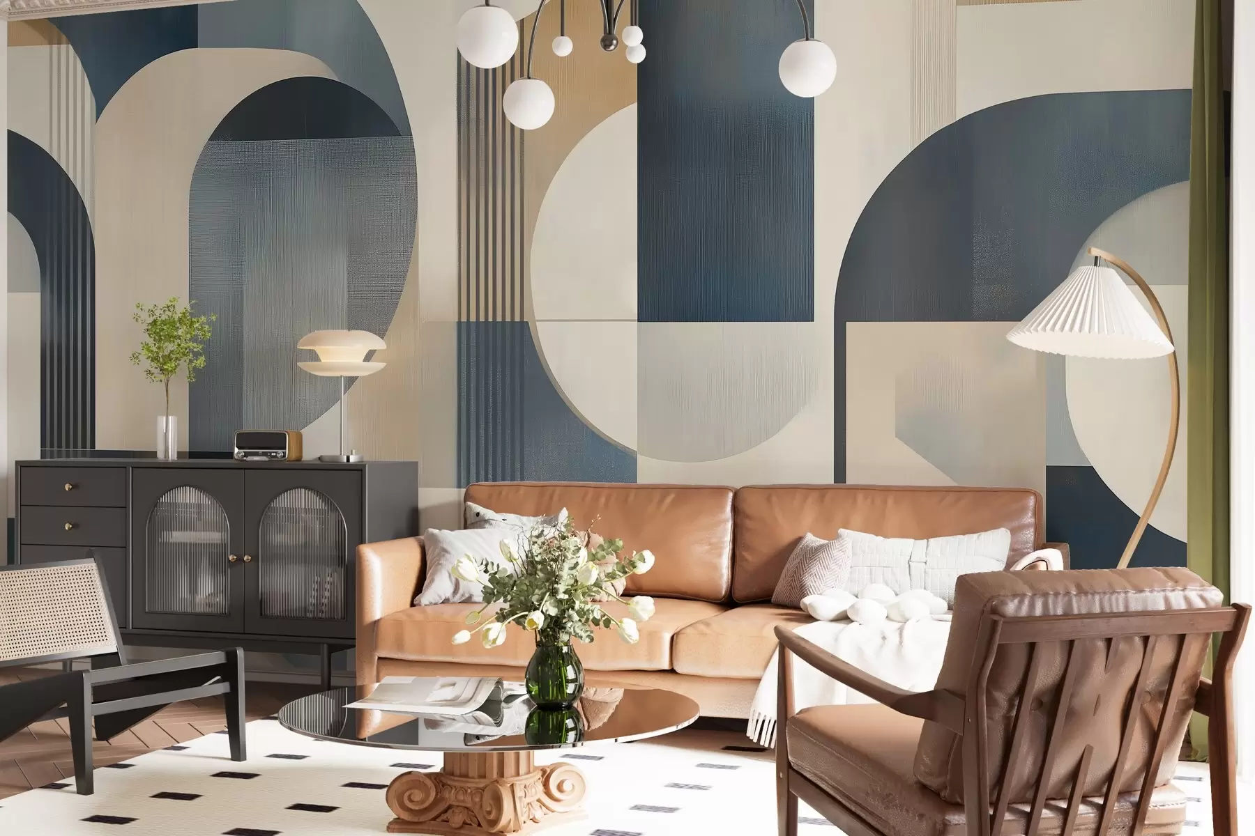 Valokuvatapetti Art Deco tapetti, jossa on geometrinen kuvio sinisen, beigen ja maitomaisen sävyissä w02346