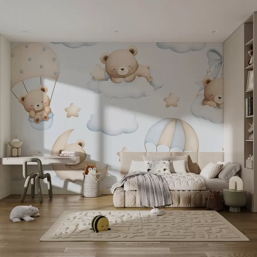 Valokuvatapetti Karhuja laskuvarjoilla ja pilviä sinisellä taustalla w02385