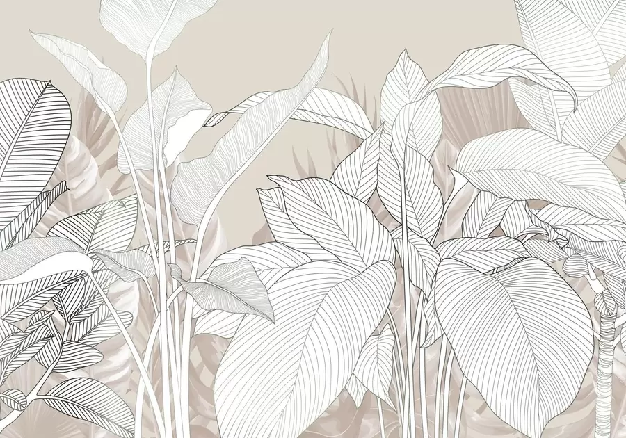 Valokuvatapetti Yksivärinen kuvitus, jossa on suuria, tyyliteltyjä lehtiä ja lehtiä, joissa on monimutkaisia viivakuvioita ja kuvioita w08436v1