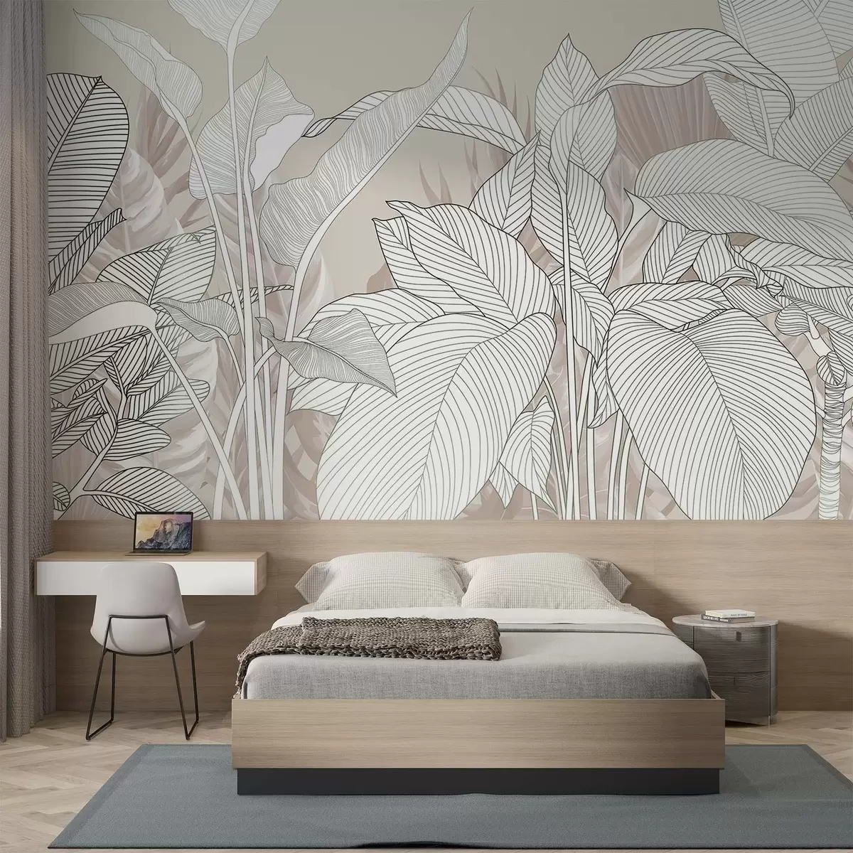 Valokuvatapetti Yksivärinen kuvitus, jossa on suuria, tyyliteltyjä lehtiä ja lehtiä, joissa on monimutkaisia viivakuvioita ja kuvioita w08436v1