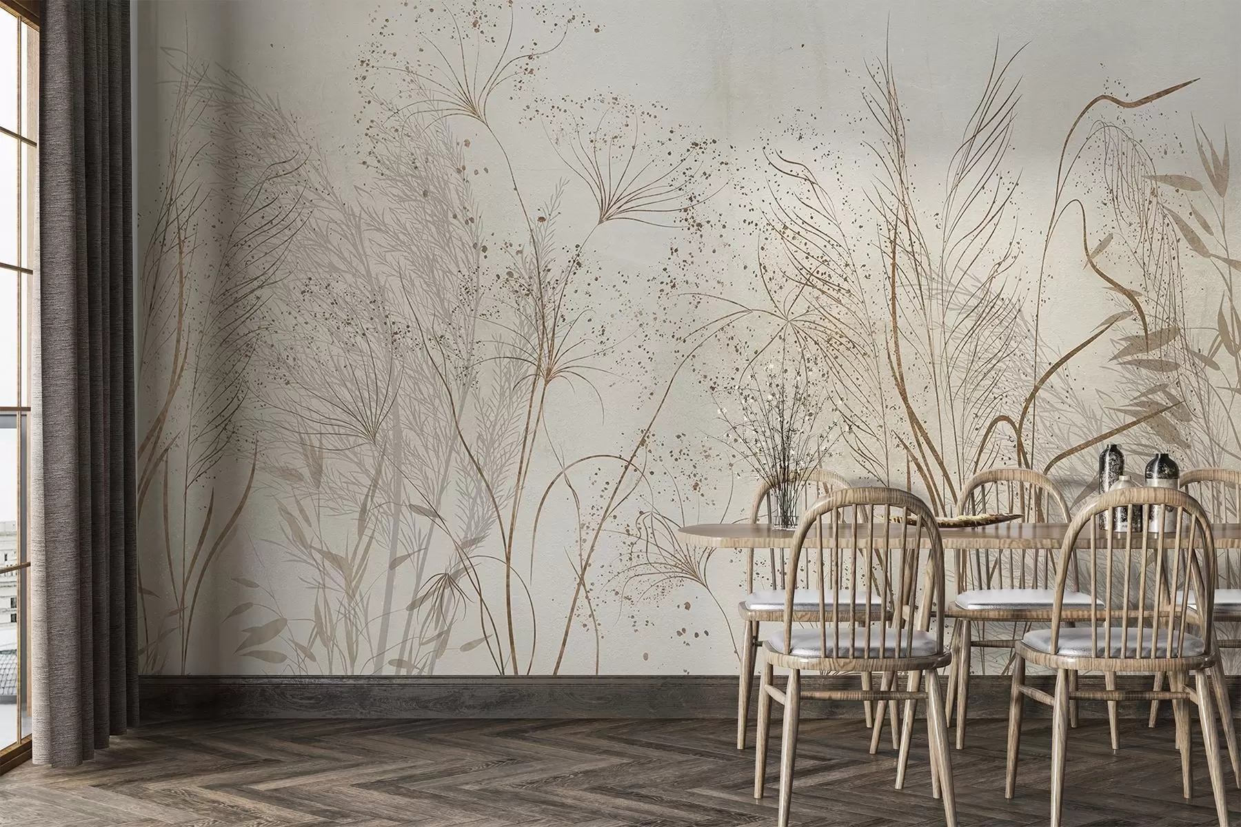 Valokuvatapetti Yksivärinen kuvitus erilaisista beigeistä kasveista ja tähkistä, joissa on herkkiä, hentoja viivoja ja kuvioita  w08441