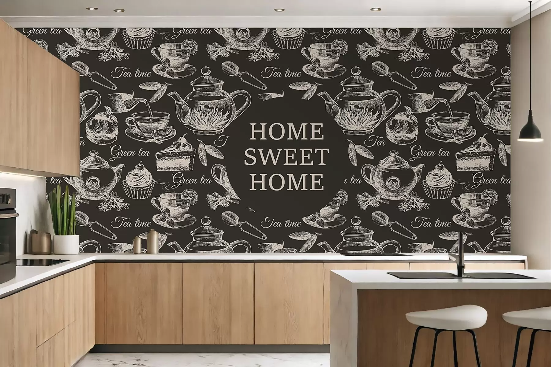 Valokuvatapetti tumma tapetti keittiöön beige kuvioita w02404