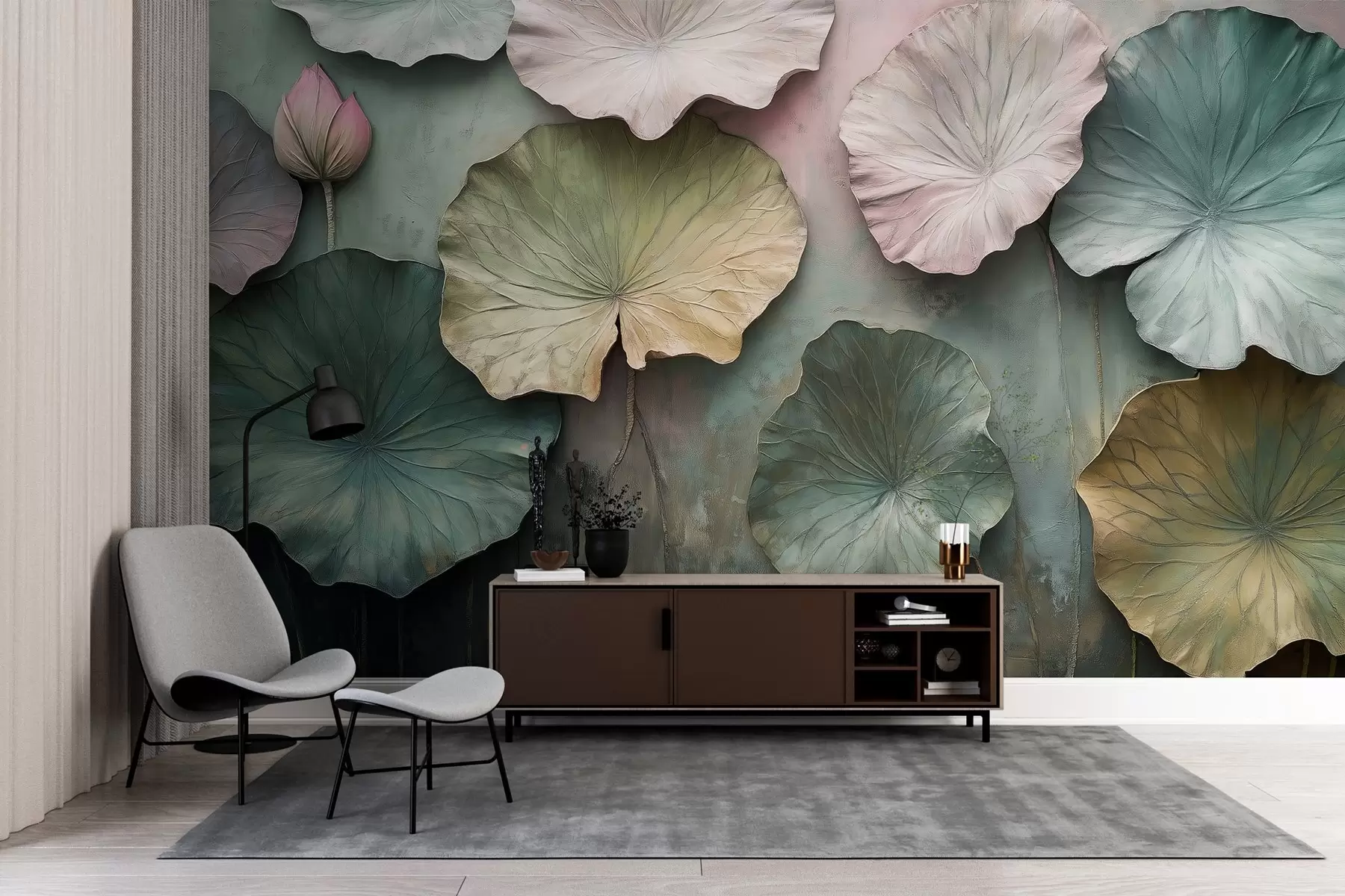 Valokuvatapetti lootuksenlehdet pastelliväriseen tyyliin, jossa on volyymiefekti w02441