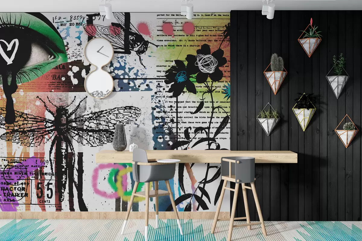 Valokuvatapetti Graffiti-tyyliset kirjoitukset, kukat, luvut w02255
