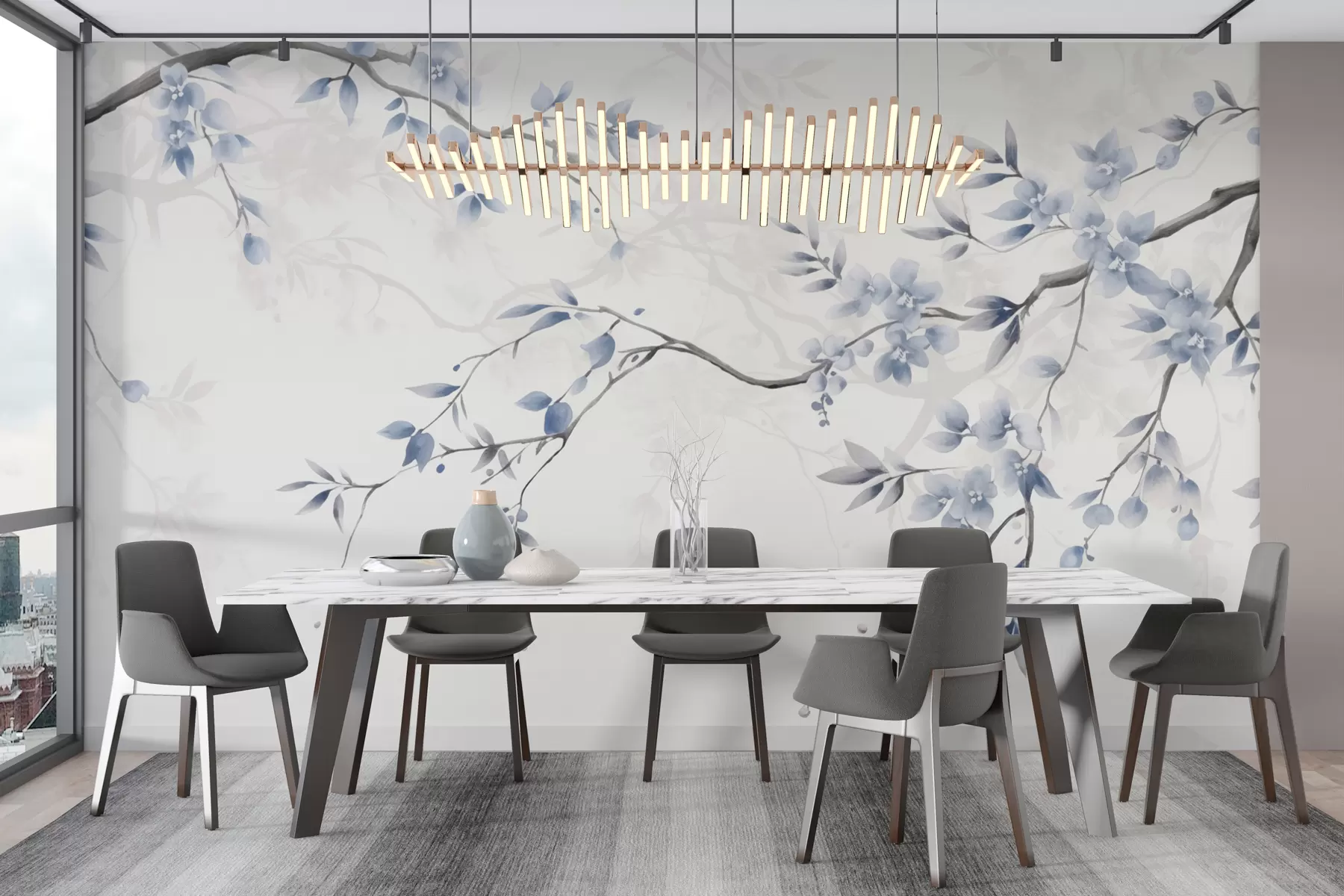 Valokuvatapetti Trendikkäät oksat, joissa on kukkia ja lehtiä w02449