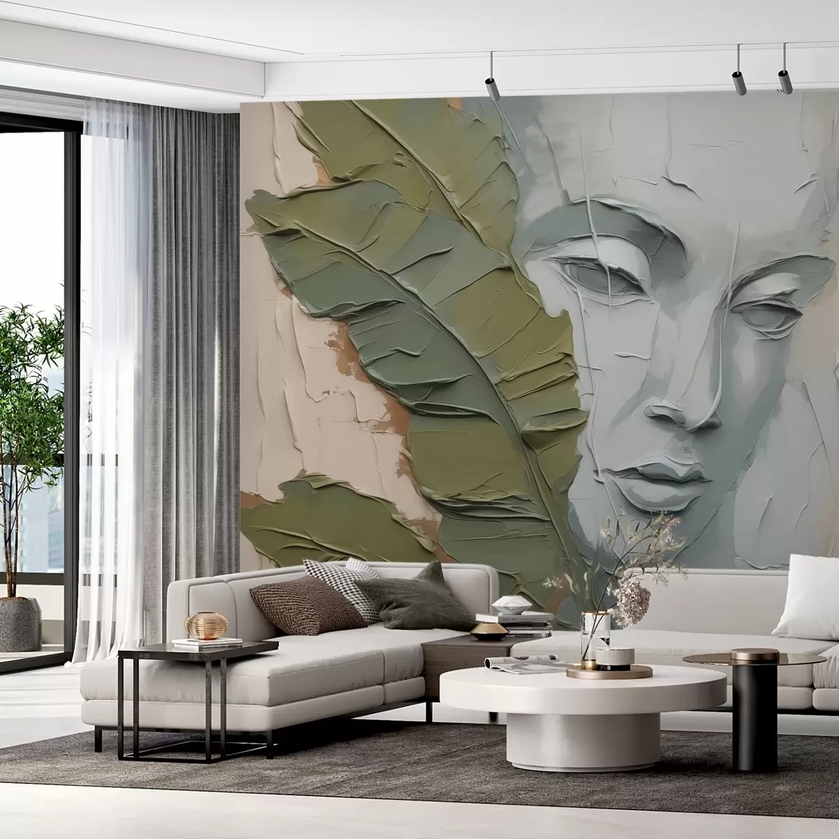 Valokuvatapetti Kasvot lähellä trooppisia lehtiä jäljittelemällä maalauksen viivoja ja tekstuuria w02436