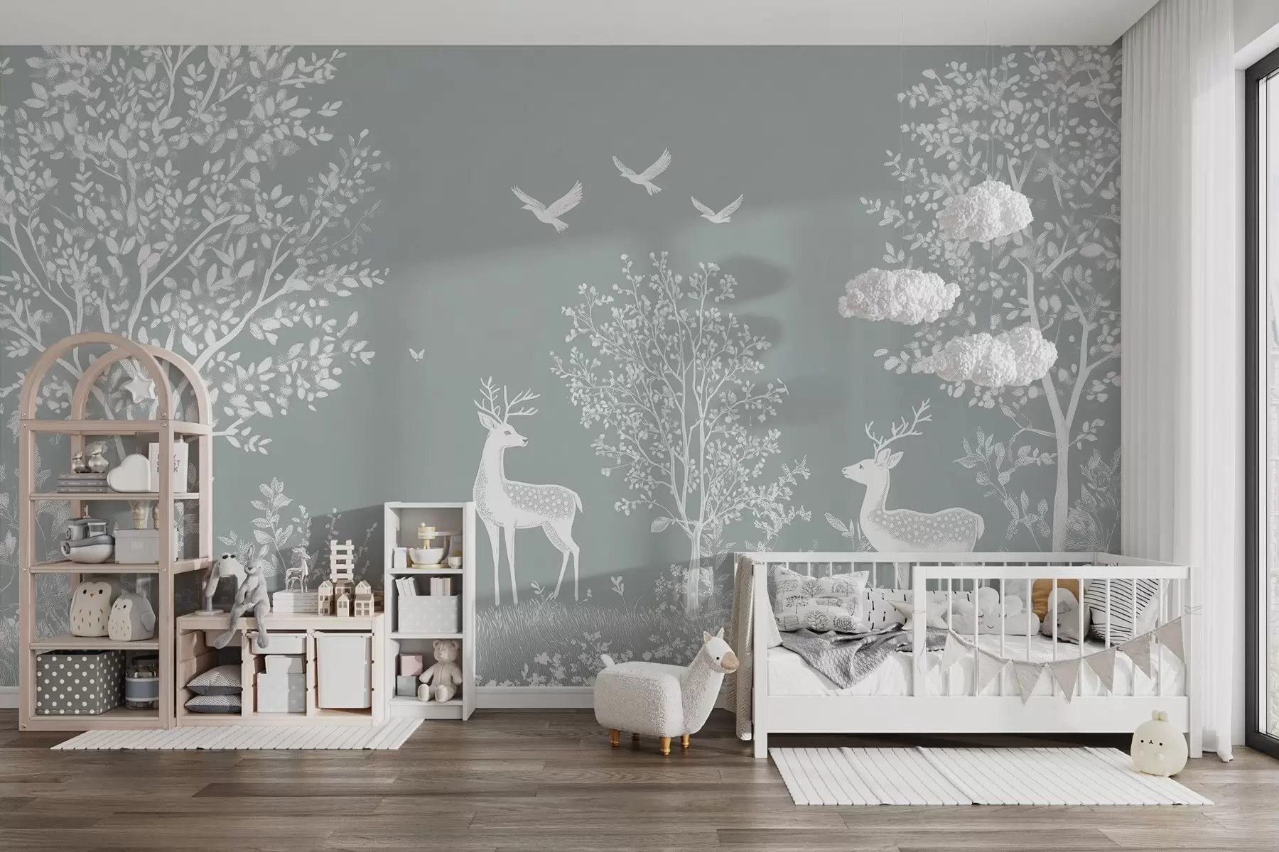 Valokuvatapetti metsä, jossa on peuroja liitupiirroksen tyyliin harmaalla pohjalla w02444v2