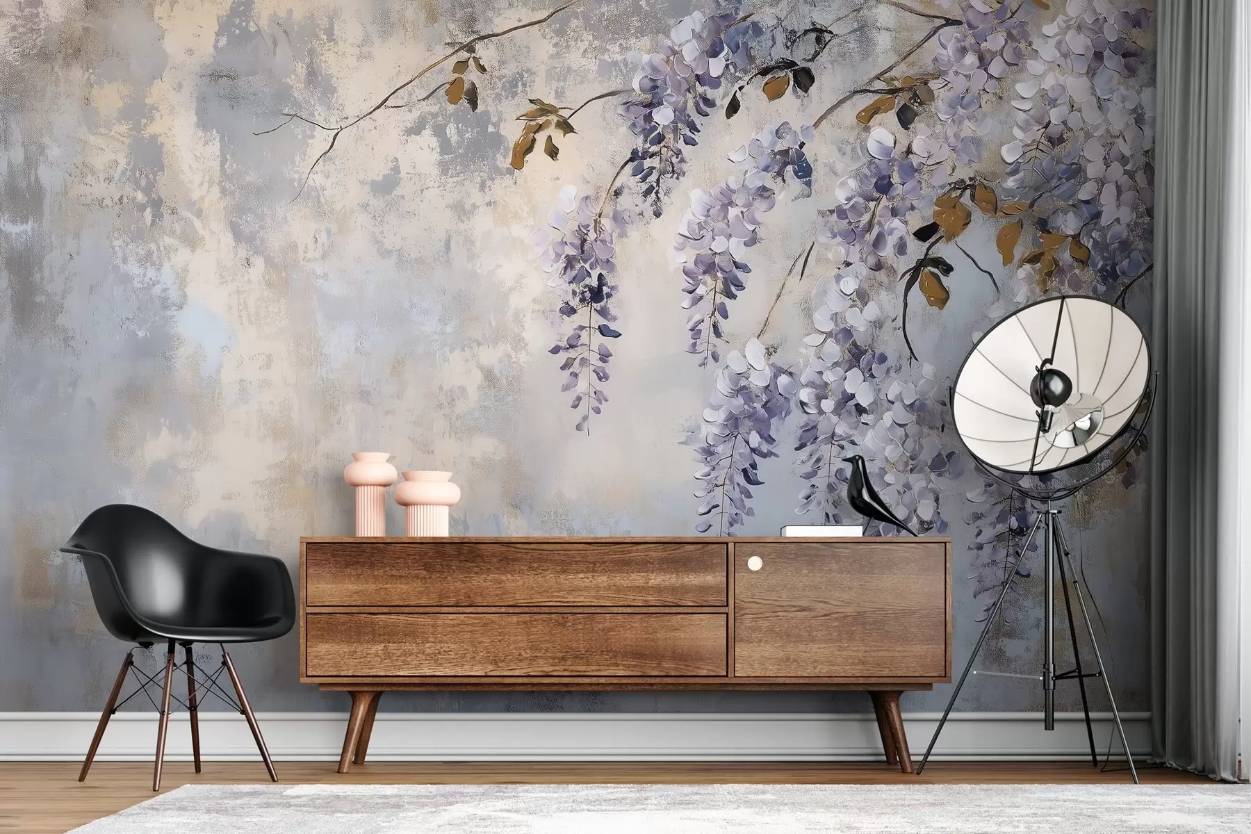 Valokuvatapetti kuvioitu tapetti pehmeissä, hillityissä väreissä, joissa on hentoja wisterian kukkia ja oksia w02451