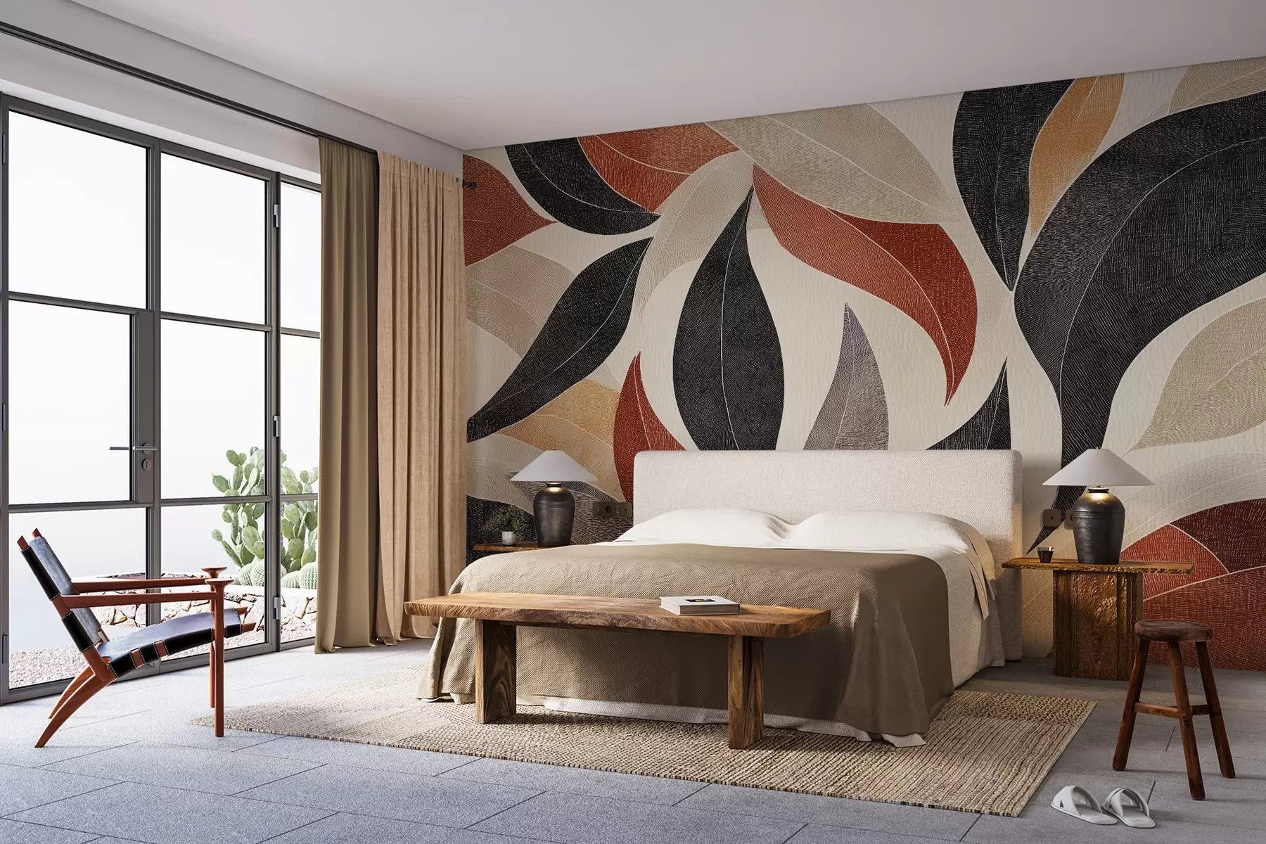 Valokuvatapetti abstrakteja lehtiä maanläheisissä sävyissä - beige, terrakotta ja tummanharmaa. w02452