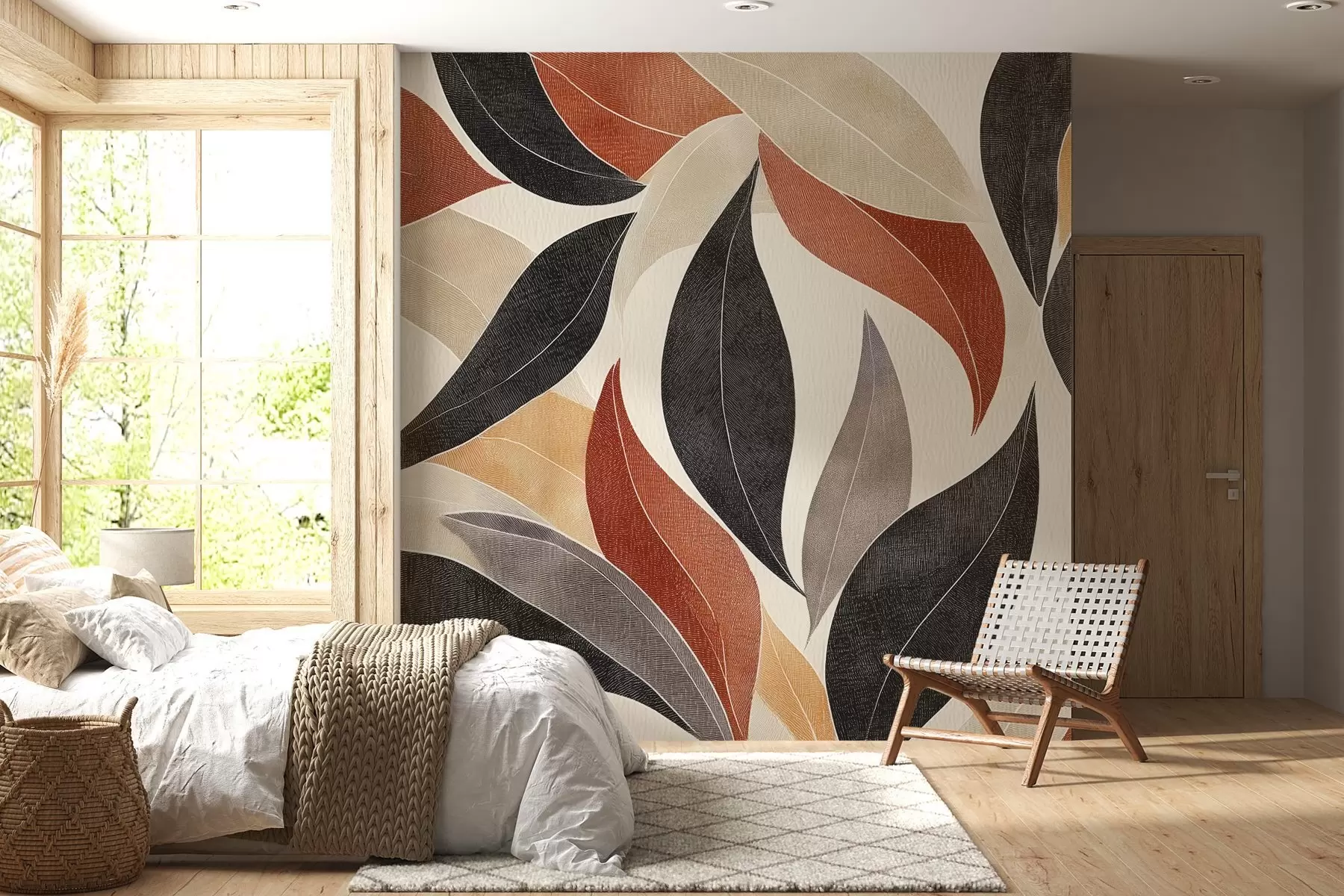 Valokuvatapetti abstrakteja lehtiä maanläheisissä sävyissä - beige, terrakotta ja tummanharmaa w02452