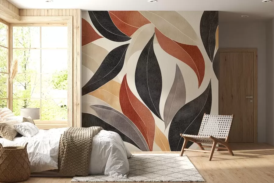 Valokuvatapetti abstrakteja lehtiä maanläheisissä sävyissä - beige, terrakotta ja tummanharmaa w02452