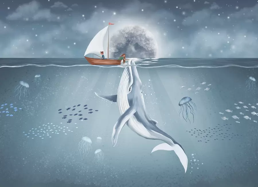 Valokuvatapetti Lasten suunnittelu valaan, kuun ja veneen kanssa lasten kanssa w02476