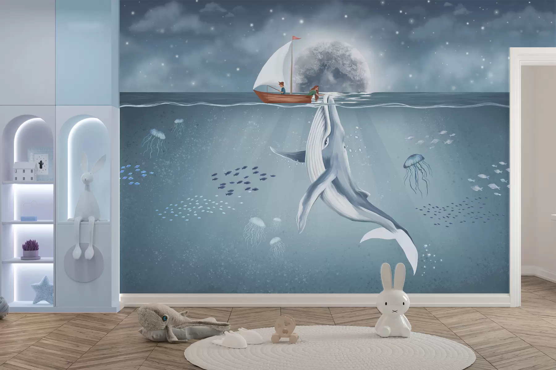Valokuvatapetti Lasten suunnittelu valaan, kuun ja veneen kanssa lasten kanssa w02476