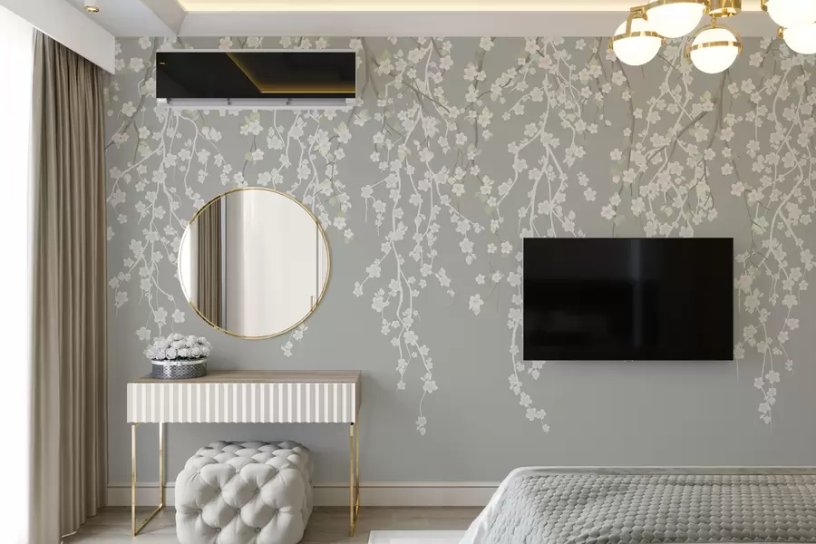 Valokuvatapetti Virtaava herkkä oksat kukkia harmaalla taustalla w02479v1