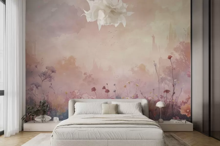 Valokuvatapetti Luonnonvaraisia kukkia linnan siluetti taustalla w08478