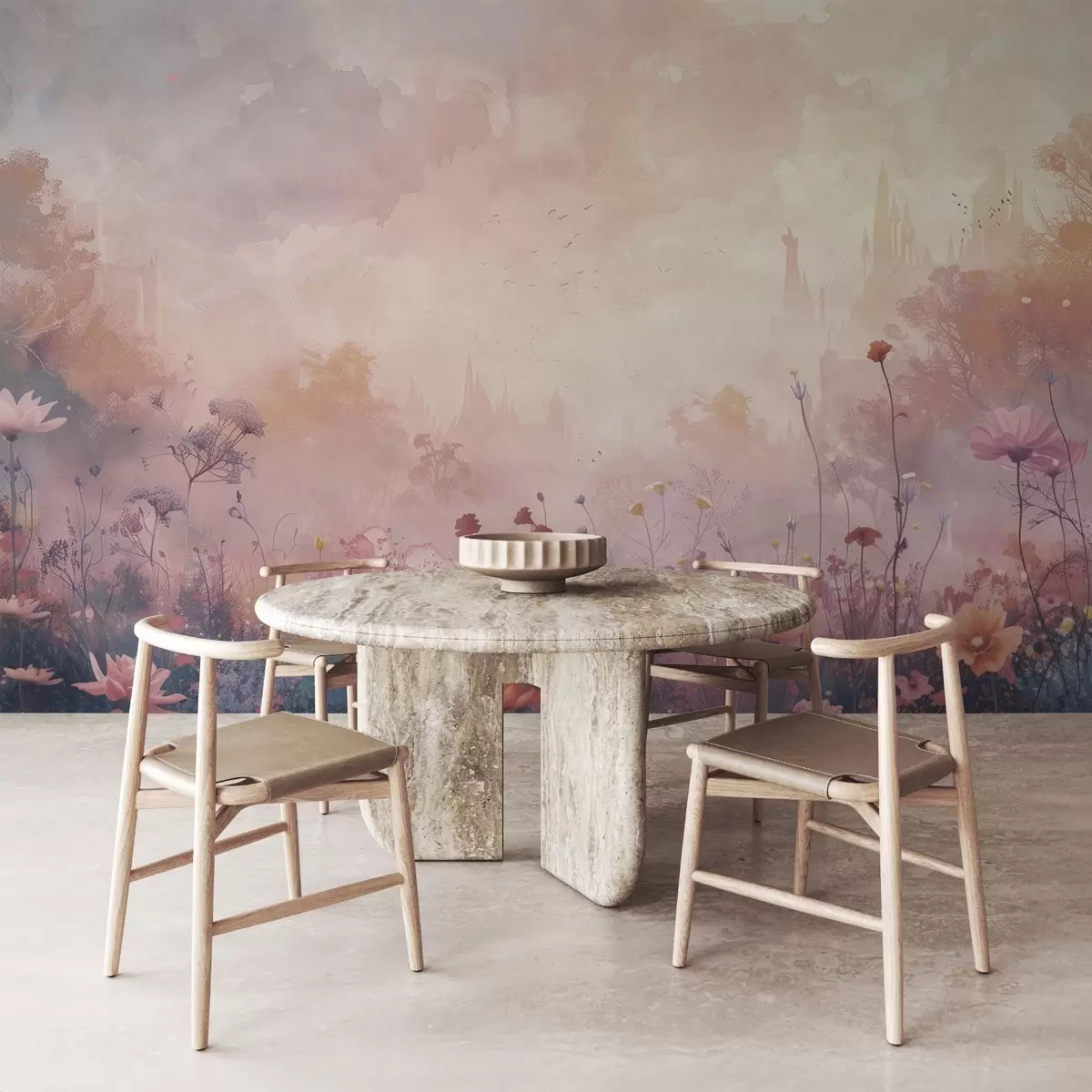 Valokuvatapetti Luonnonvaraisia kukkia linnan siluetti taustalla w08478