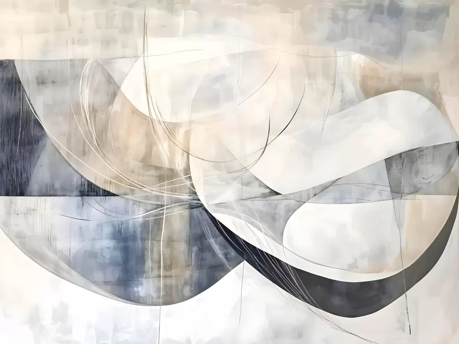 Valokuvatapetti Abstrakteja muotoja ja muotoja valkoisen, harmaan, beigen ja sinisen sävyissä sumeaa kuvioitua taustaa vasten w08461