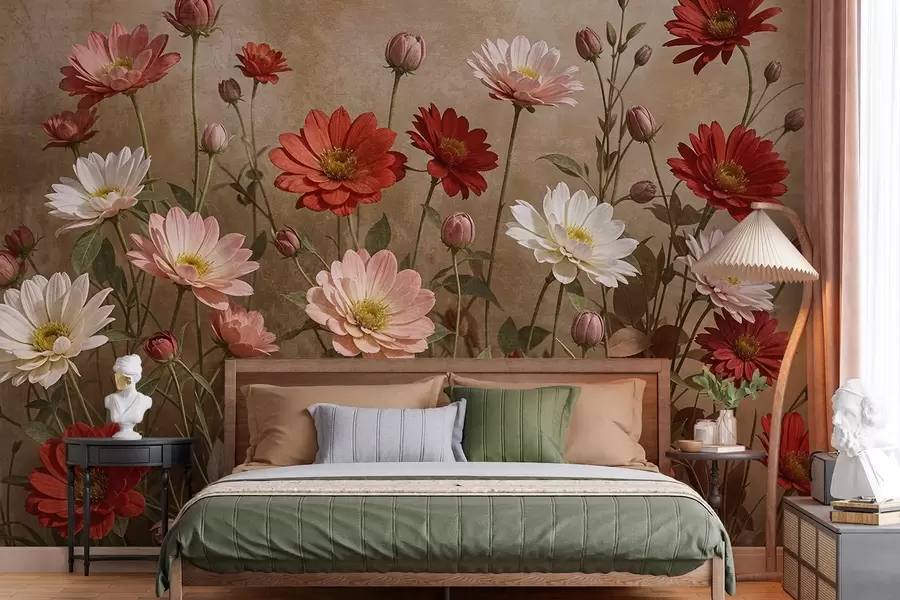 Valokuvatapetti Kenttä värikkäitä päivänkakkaran kaltaisia kukkia eri sävyjä vaaleanpunainen , punainen ja valkoinen vastaan kuvioitu tausta w08462