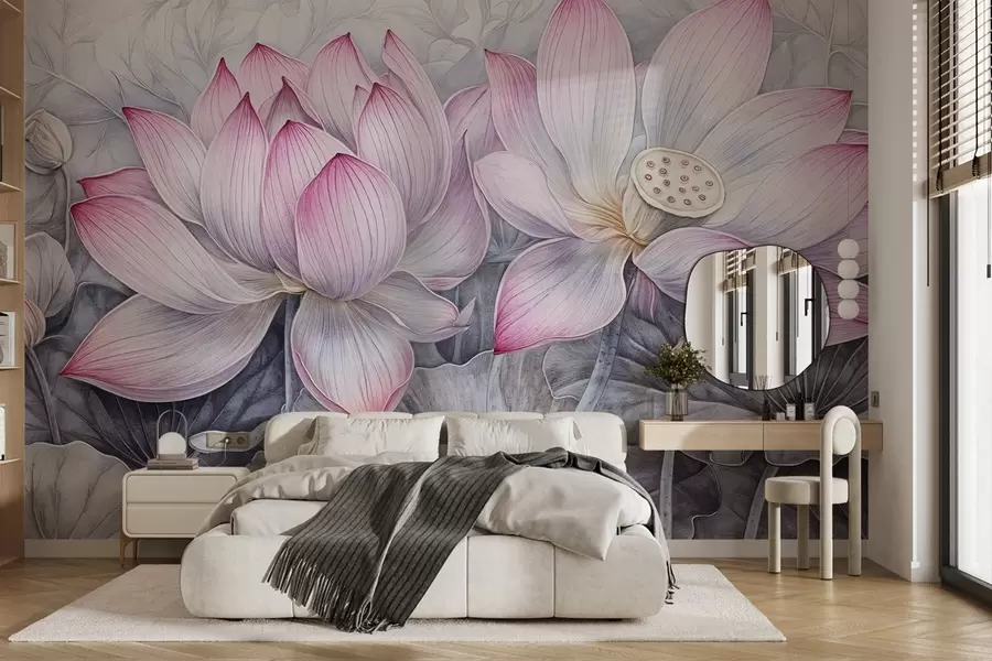 Valokuvatapetti Useita yksityiskohtaisia kuvioituja suuria vaaleanpunaisia lootuksen kukkia, joissa on harmaanvihreät lehdet ja varret vaaleaa taustaa vasten w08465