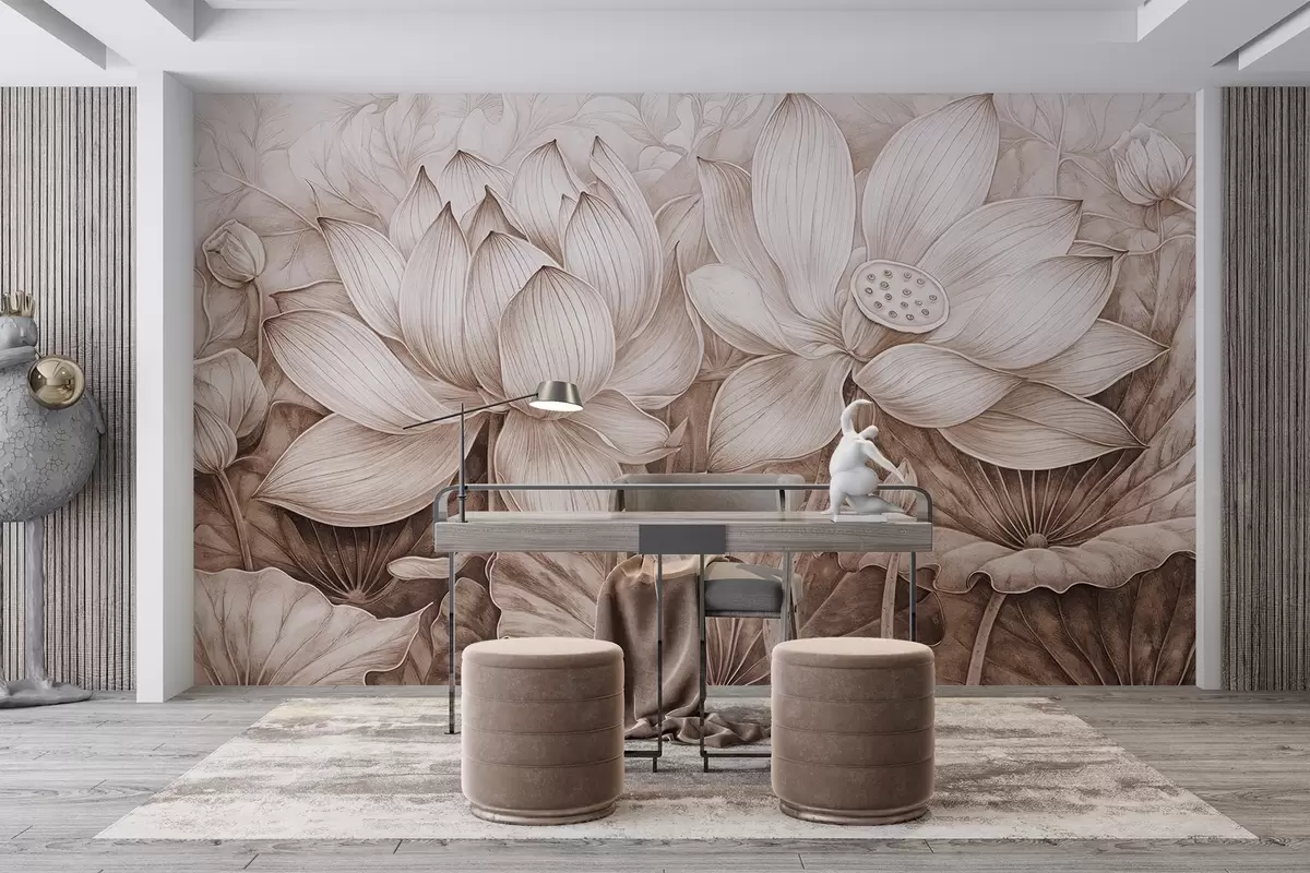 Valokuvatapetti Useita yksityiskohtaisia kuvioituja suuria beigejä lootuskukkia, joissa on ruskeita lehtiä ja varret vaaleaa taustaa vasten w08465v1