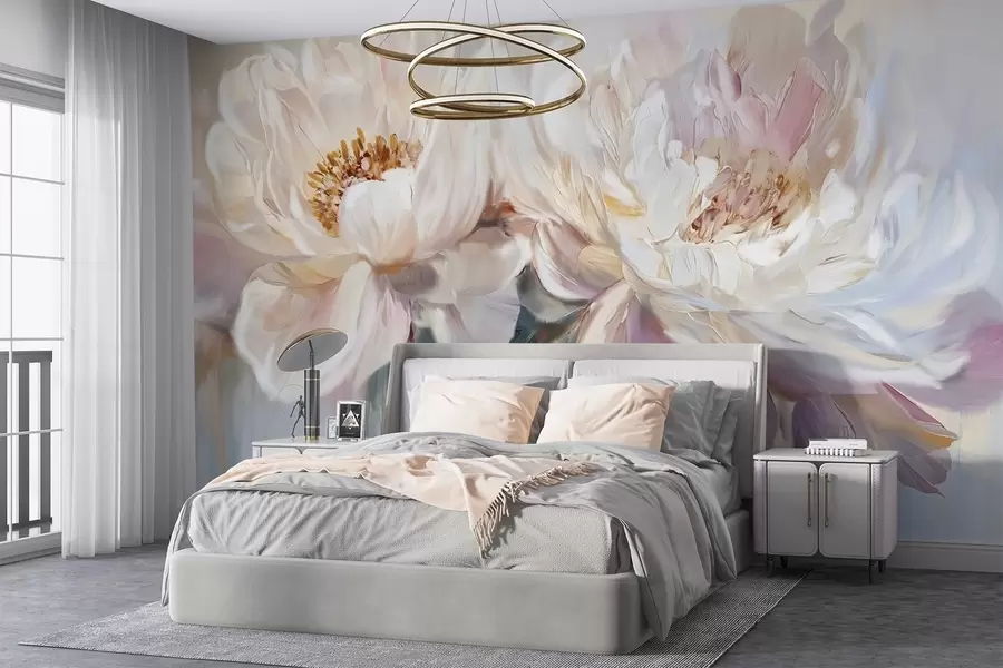 Valokuvatapetti Pehmeä, herkkä valkoinen ja pastelli vaaleanpunainen pionit rehevä terälehdet sumea maalaus jäljitelmä tausta w08466