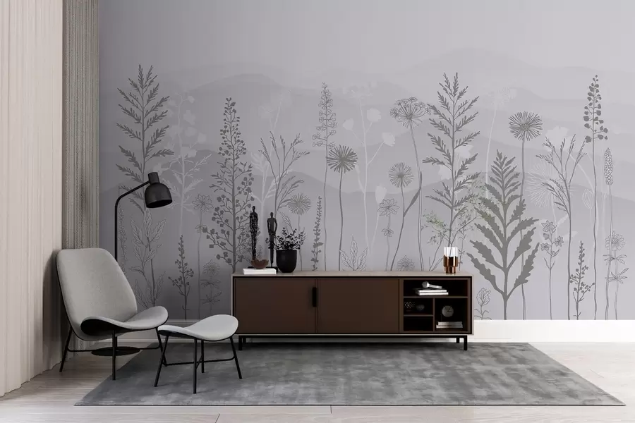 Valokuvatapetti ekotyylinen tapetti, villikukkia harmaan sävyissä w02443