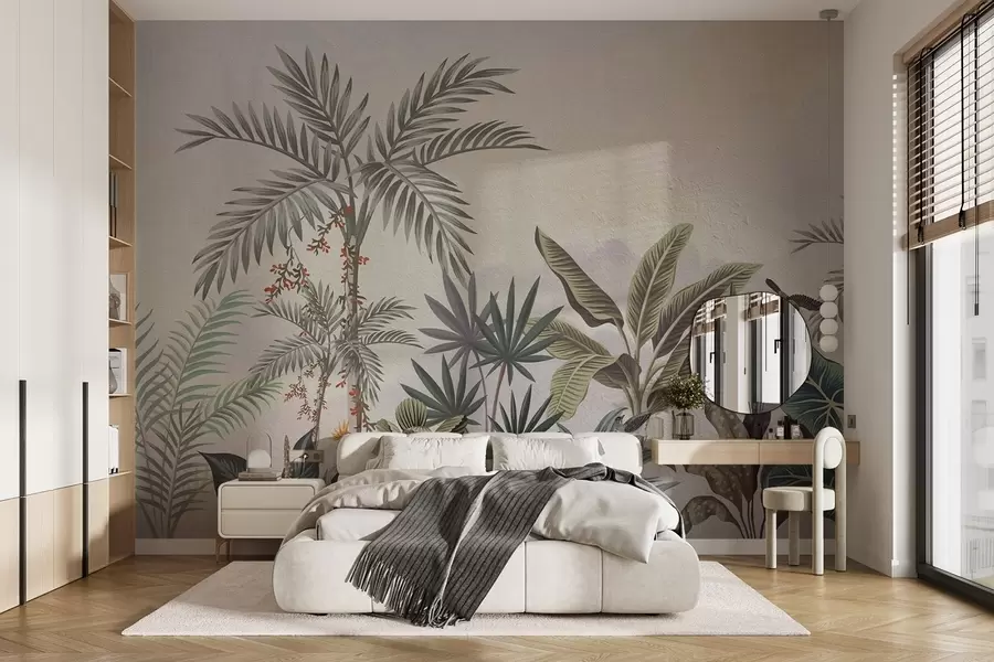 Valokuvatapetti Trooppinen viidakko palmujen ja värikkäiden lintujen kanssa w08496