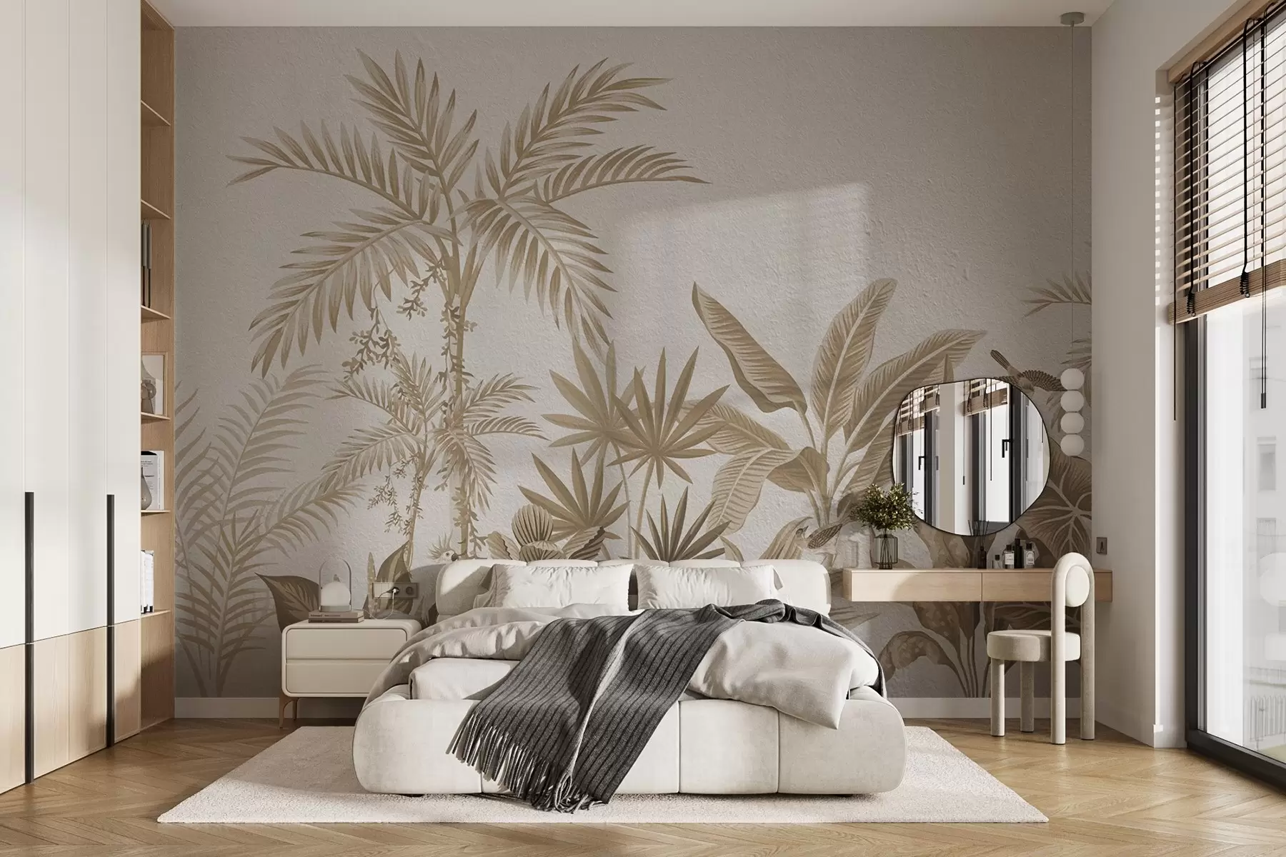 Valokuvatapetti Trooppinen viidakko, jossa palmuja ja lintuja seepian sävyin w08496v1