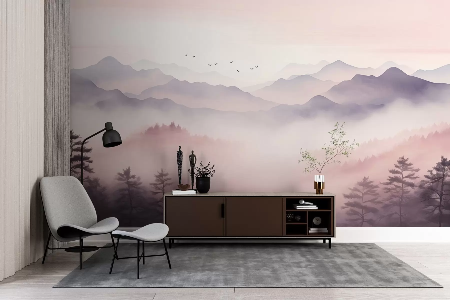 Valokuvatapetti Vuoret sumussa aamunkoitteessa jäljitelmä vesivärin jäljitelmä w02471