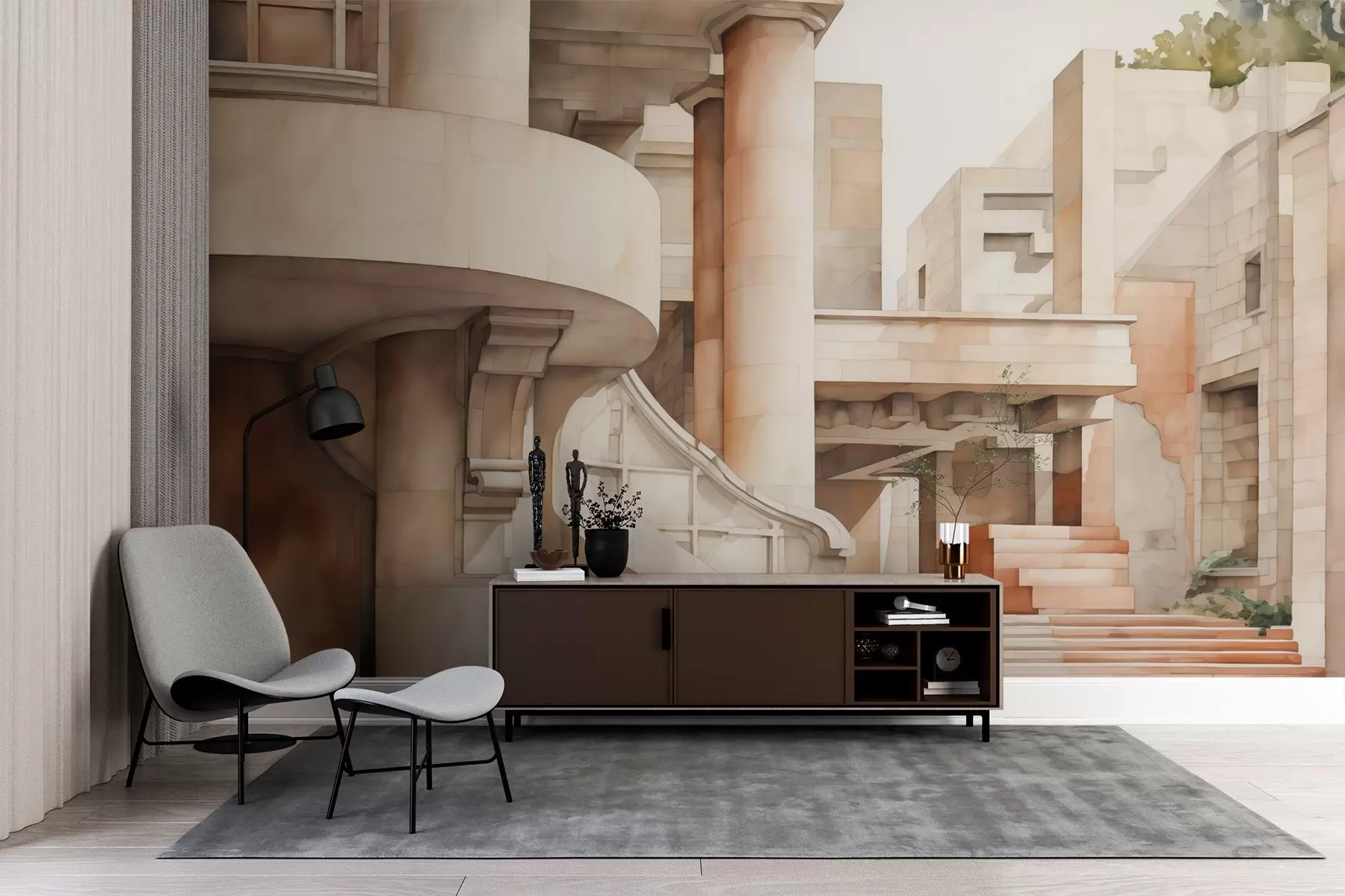 Valokuvatapetti Rakennus, jossa on portaita ja pylväitä jäljitelmä vesivärin kanssa w02498