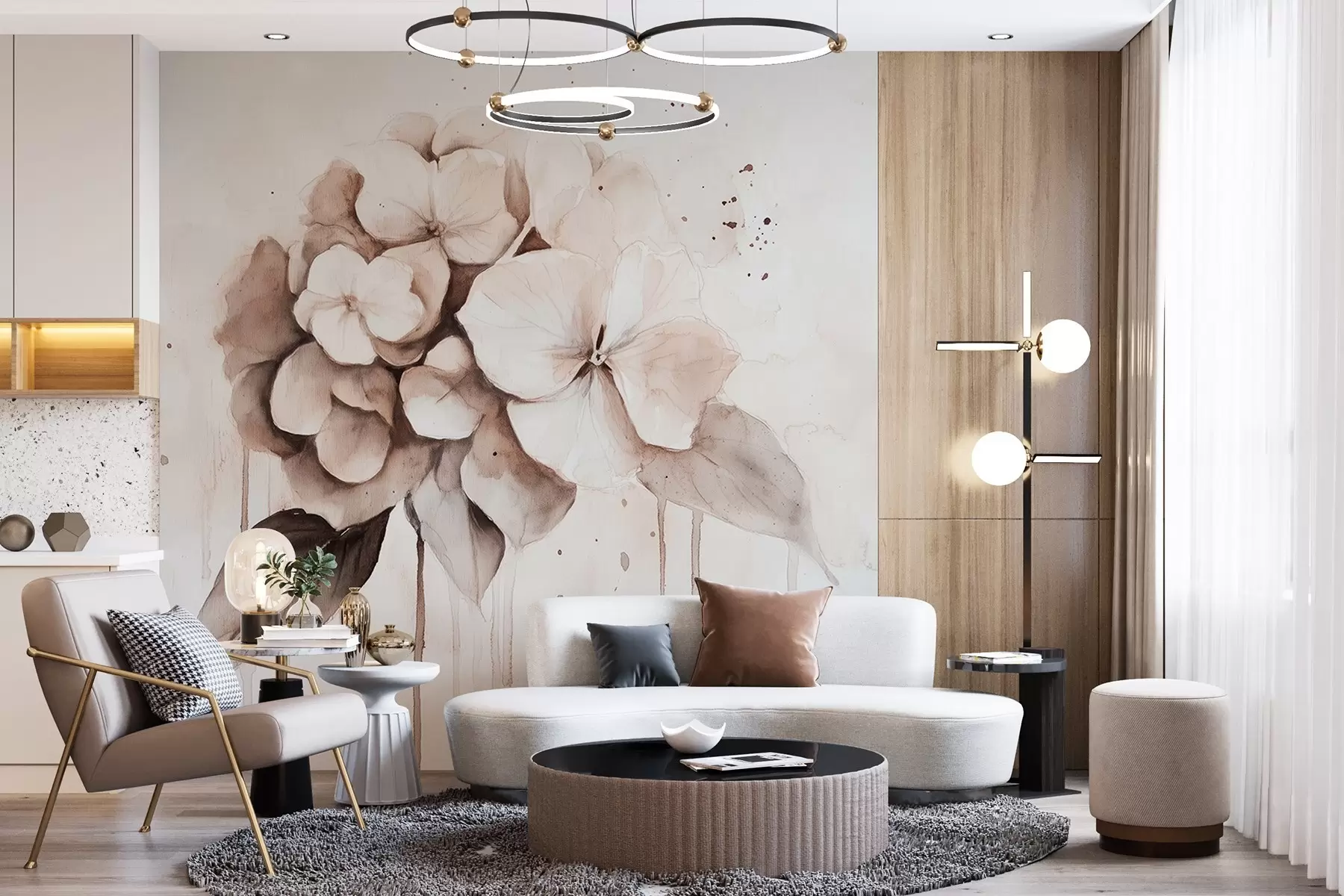 Valokuvatapetti Hortensia piirustus, vesivärityyli, beigen värit w02483