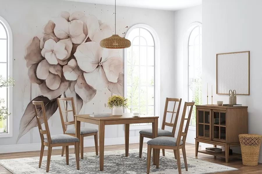 Valokuvatapetti Hortensia piirustus, vesivärityyli, beigen värit w02483