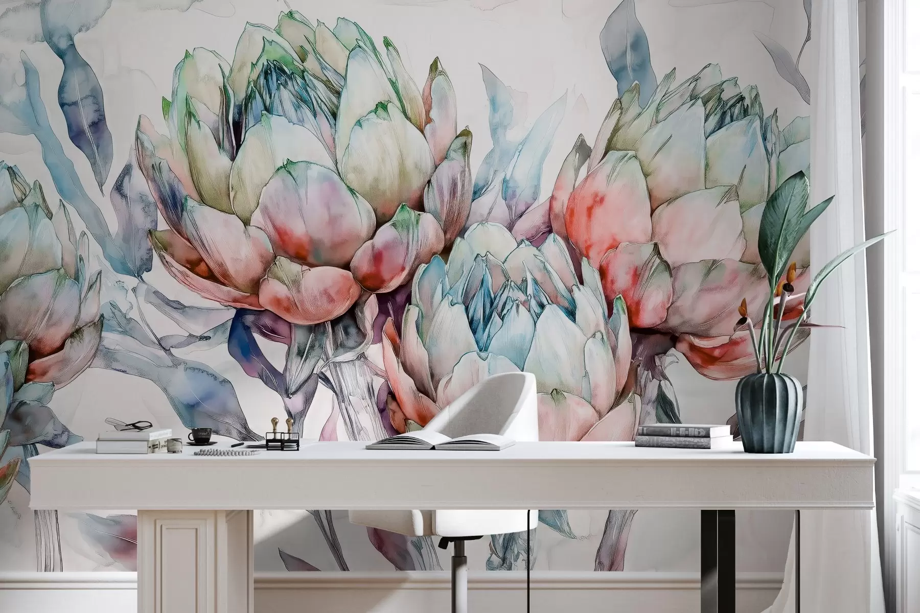 Valokuvatapetti Artisokkien piirustus, vesivärityyli, kukka, punainen, violetti, vihreä w02484v1