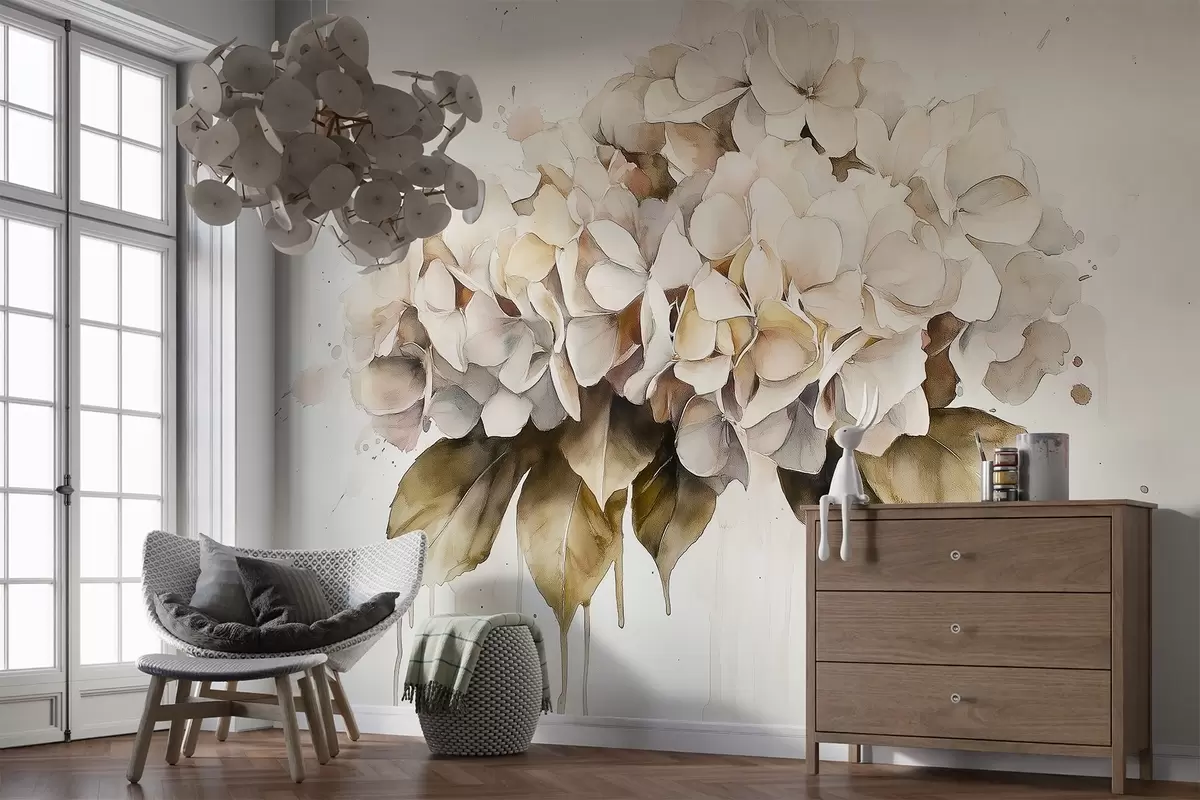 Valokuvatapetti Akvarelli tyyli piirustus hortensia kukka, beige värit w02485