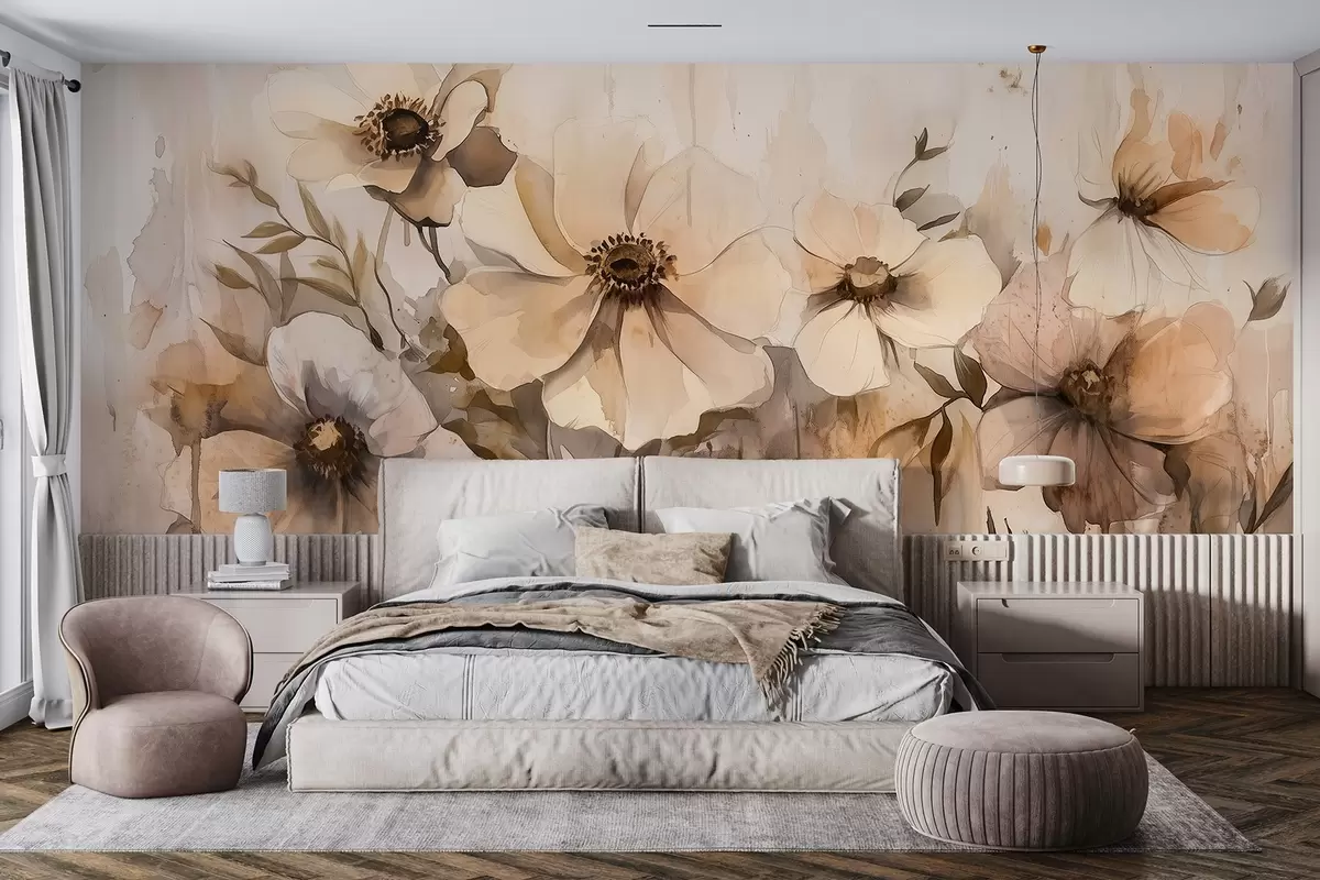 Valokuvatapetti Maalaismaiset kukat, vesivärityylinen piirustus, beige värit w02487