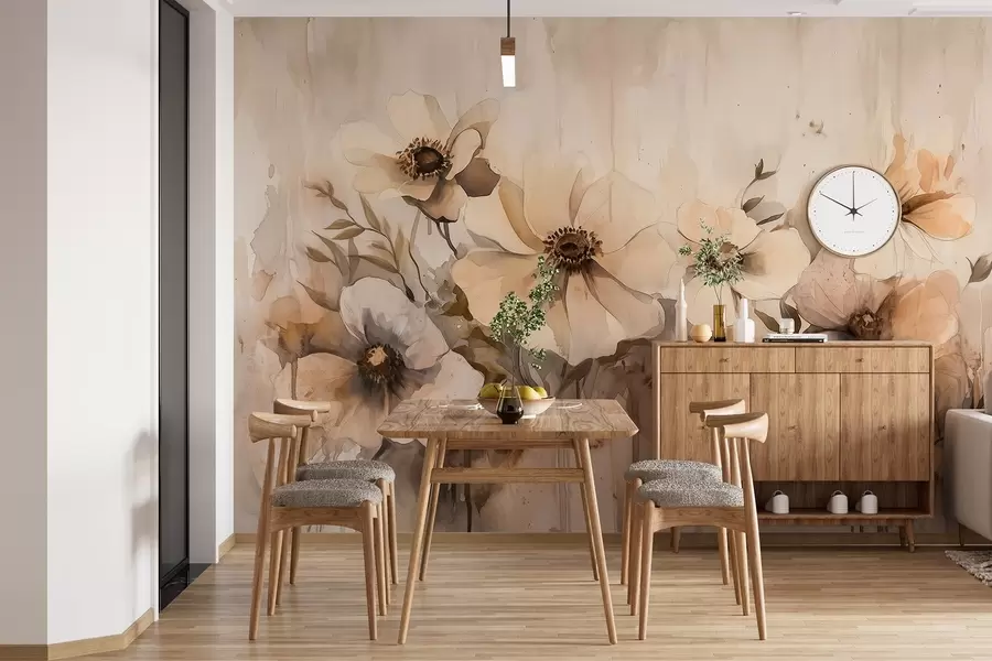 Valokuvatapetti Maalaismaiset kukat, vesivärityylinen piirustus, beige värit w02487