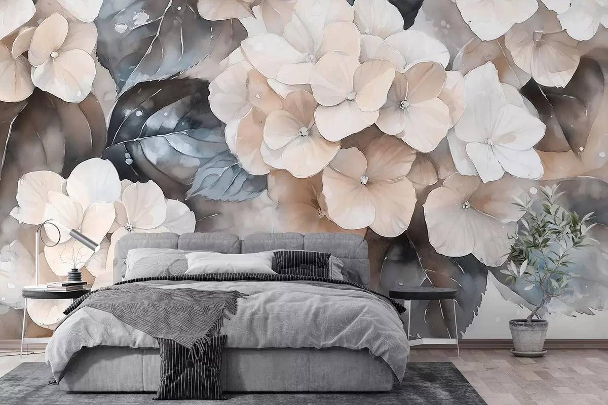 Valokuvatapetti Hortensia kukkia, akvarelli tyyli piirustus, beige värit, kukkainen w02488
