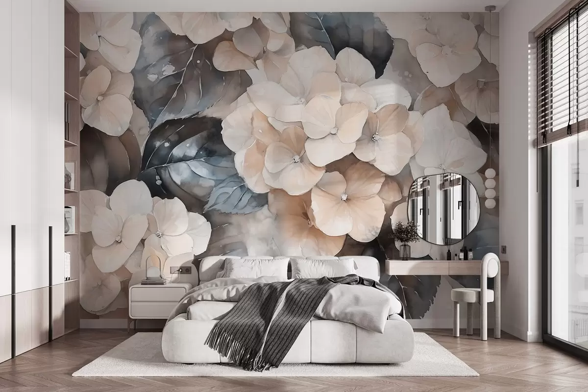 Valokuvatapetti Hortensia kukkia, akvarelli tyyli piirustus, beige värit, kukkainen w02488