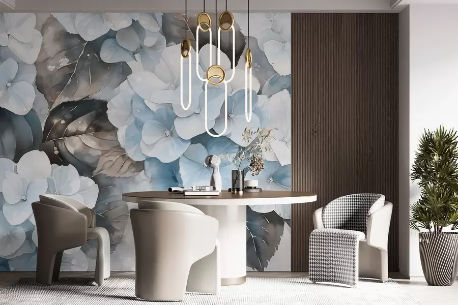 Valokuvatapetti Hortensia kukkia, akvarelli tyyli piirustus, siniset värit, kukka, kukka w02488v1