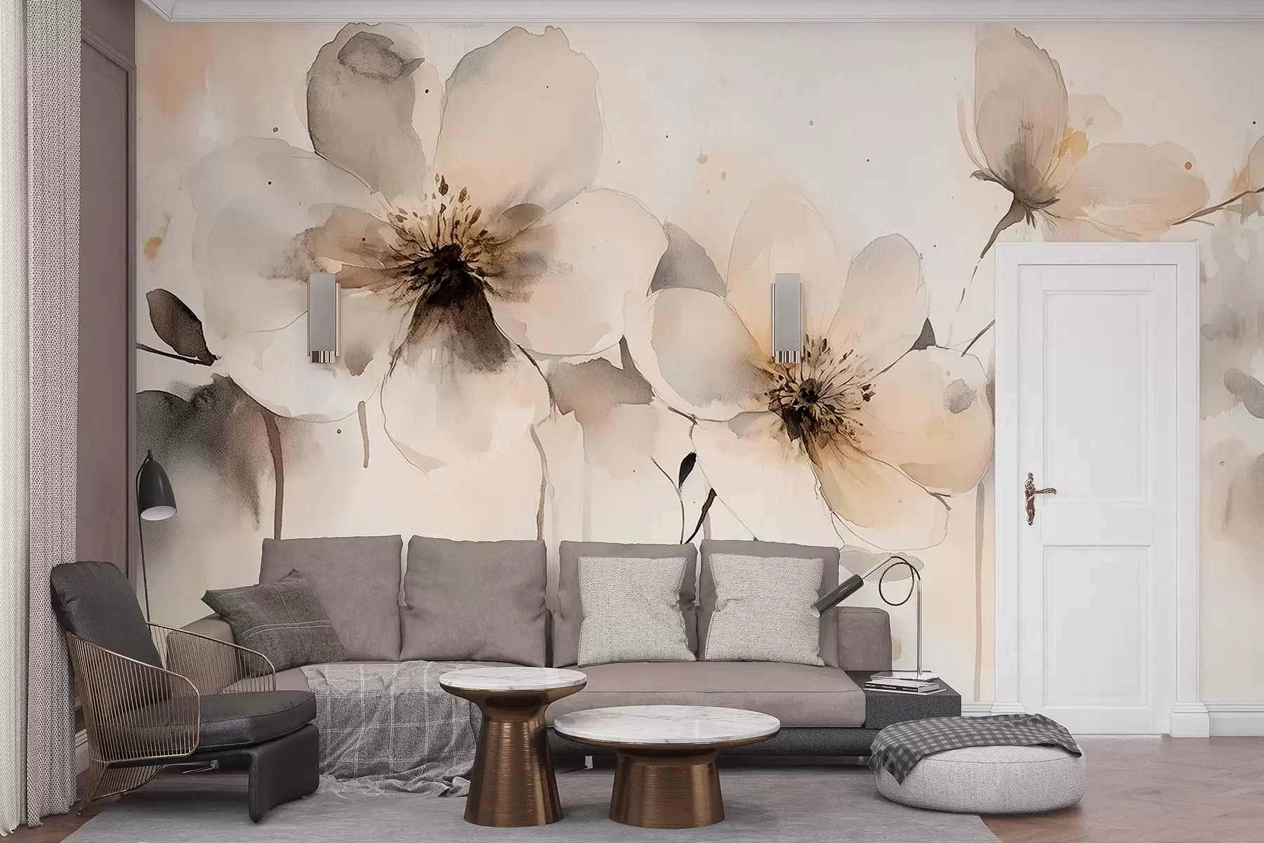 Valokuvatapetti Niityn kukat, vesivärityylinen piirustus, beige väripaletti  w02489