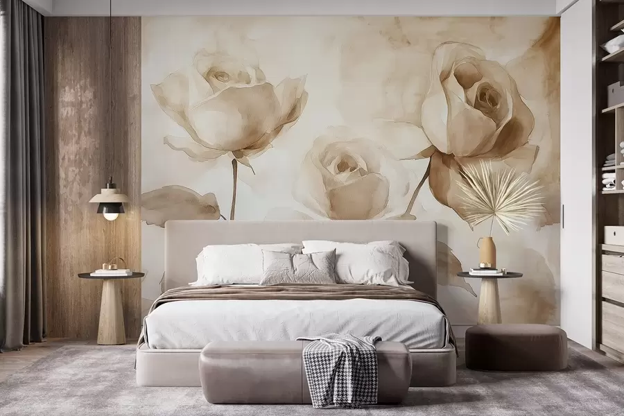 Valokuvatapetti Beige ruusut, kukat, pehmeä akvarellipiirustus, maalaismainen, boheemi w02490
