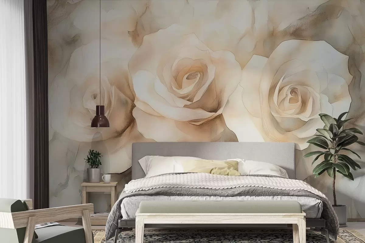 Valokuvatapetti Kauniita ruusuja, vesivärityyli, beige värit, boheemi w02492