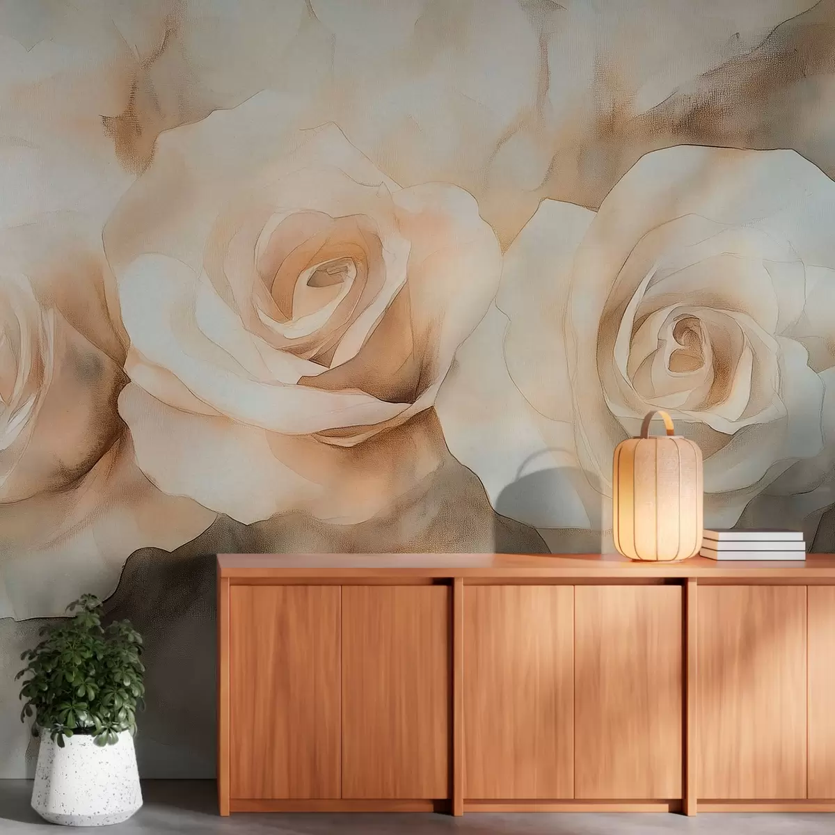 Valokuvatapetti Kauniita ruusuja, vesivärityyli, beige värit, boheemi w02492