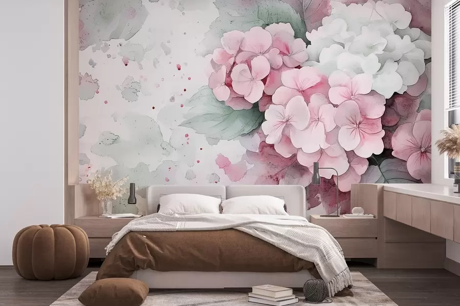 Valokuvatapetti Vesivärityylinen piirustus hortensia kukkia lehdet, pehmeä vaaleanpunainen ja vihreä väri w02493v1