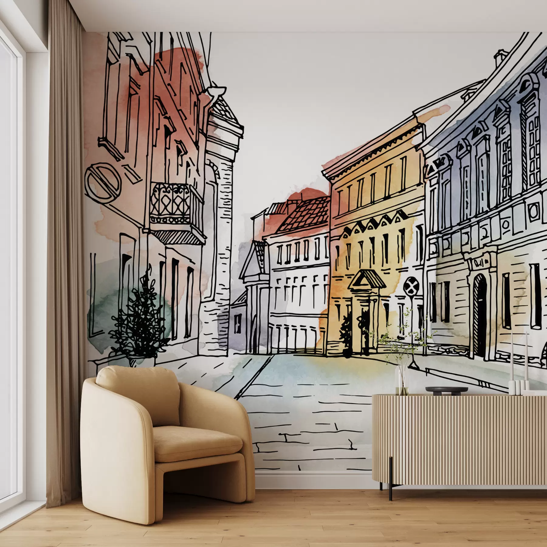 Valokuvatapetti Vanha kaupunki, tussi ja akvarelli u51062