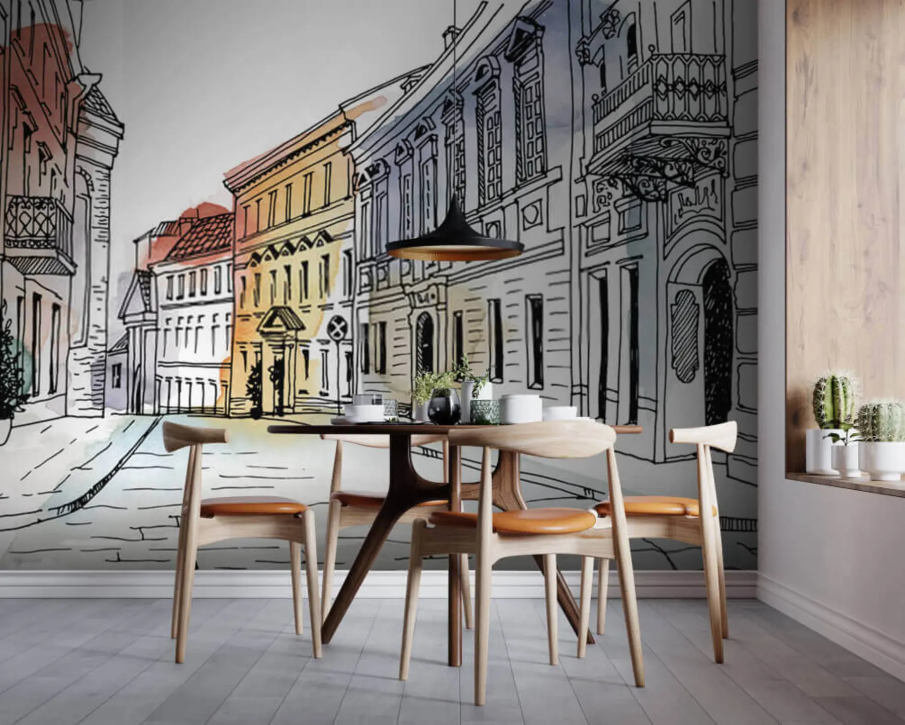 Valokuvatapetti Vanha kaupunki, tussi ja akvarelli u51062