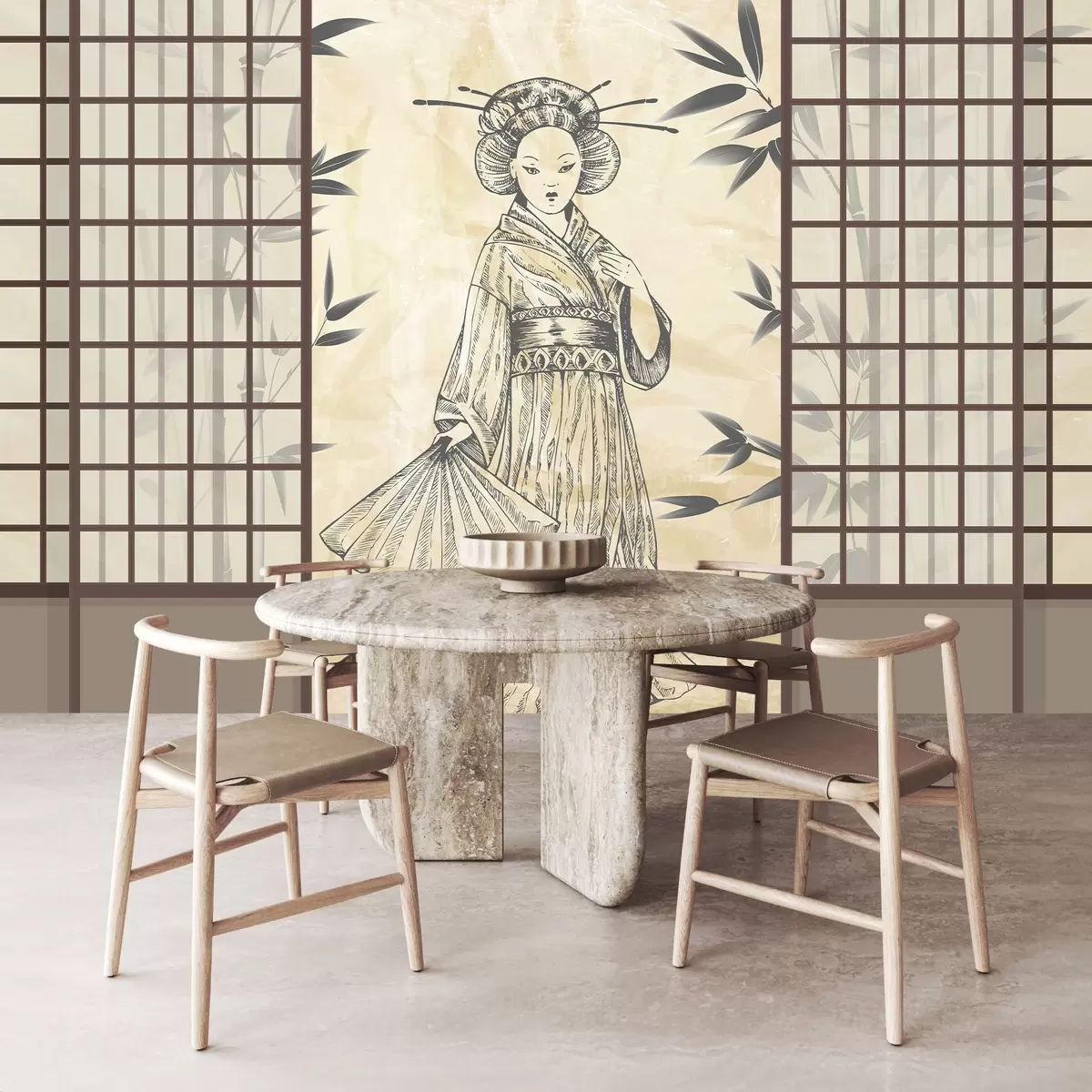 Valokuvatapetti Vanha aasialaistyylinen talo, tyttö perinteisissä vaatteissa, kirsikankukkia, kirsikankukkia, Shoji w02535